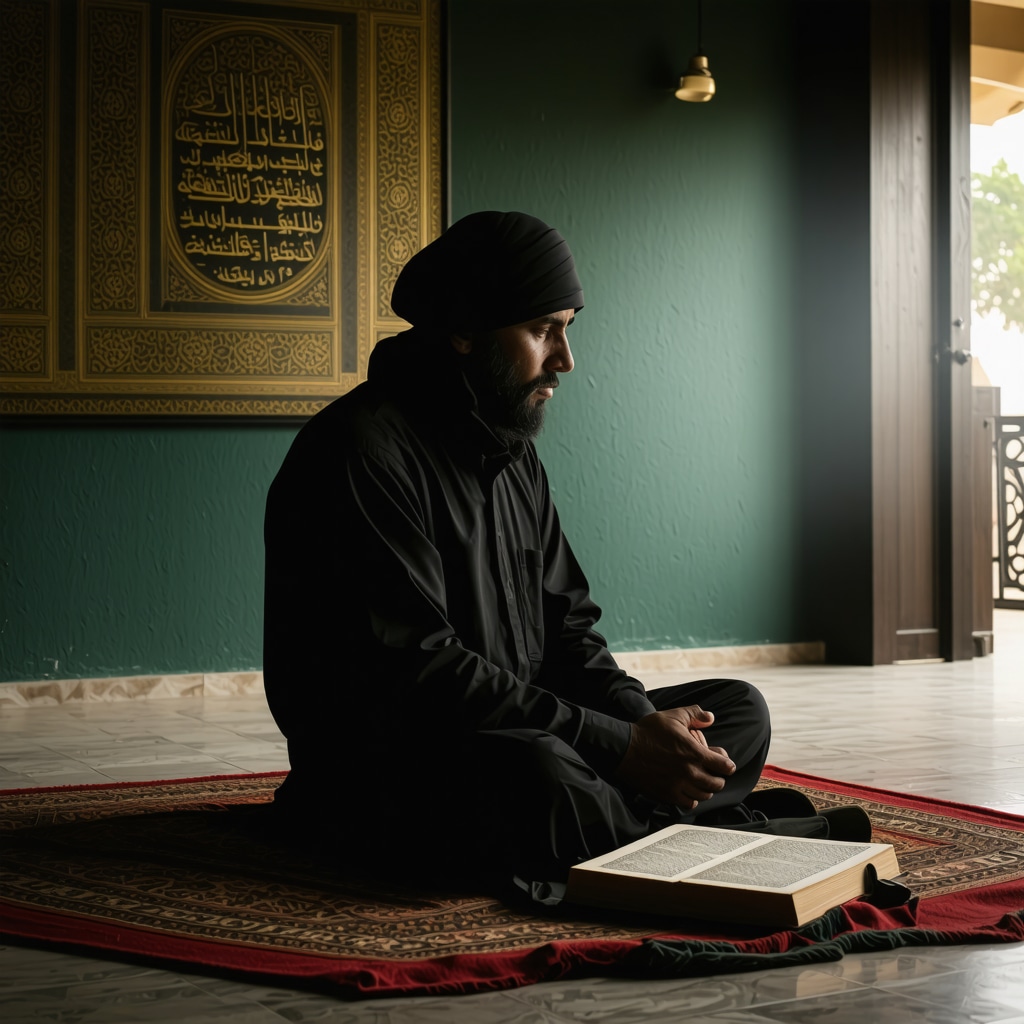 Muslim individual in peaceful setting reflecting on spiritual and psychological meaning of divorce dream
