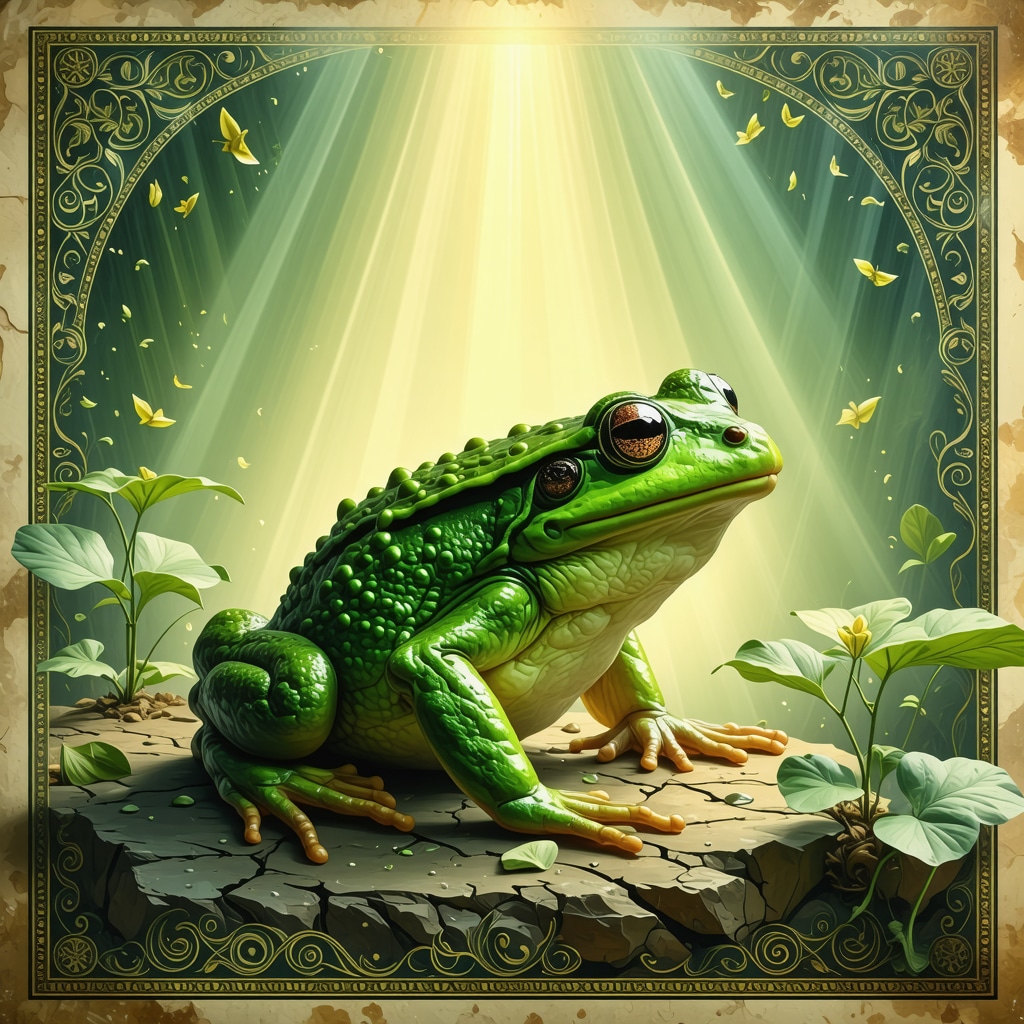 Green frog symbolizing spiritual transformation with Arabic calligraphy and divine light