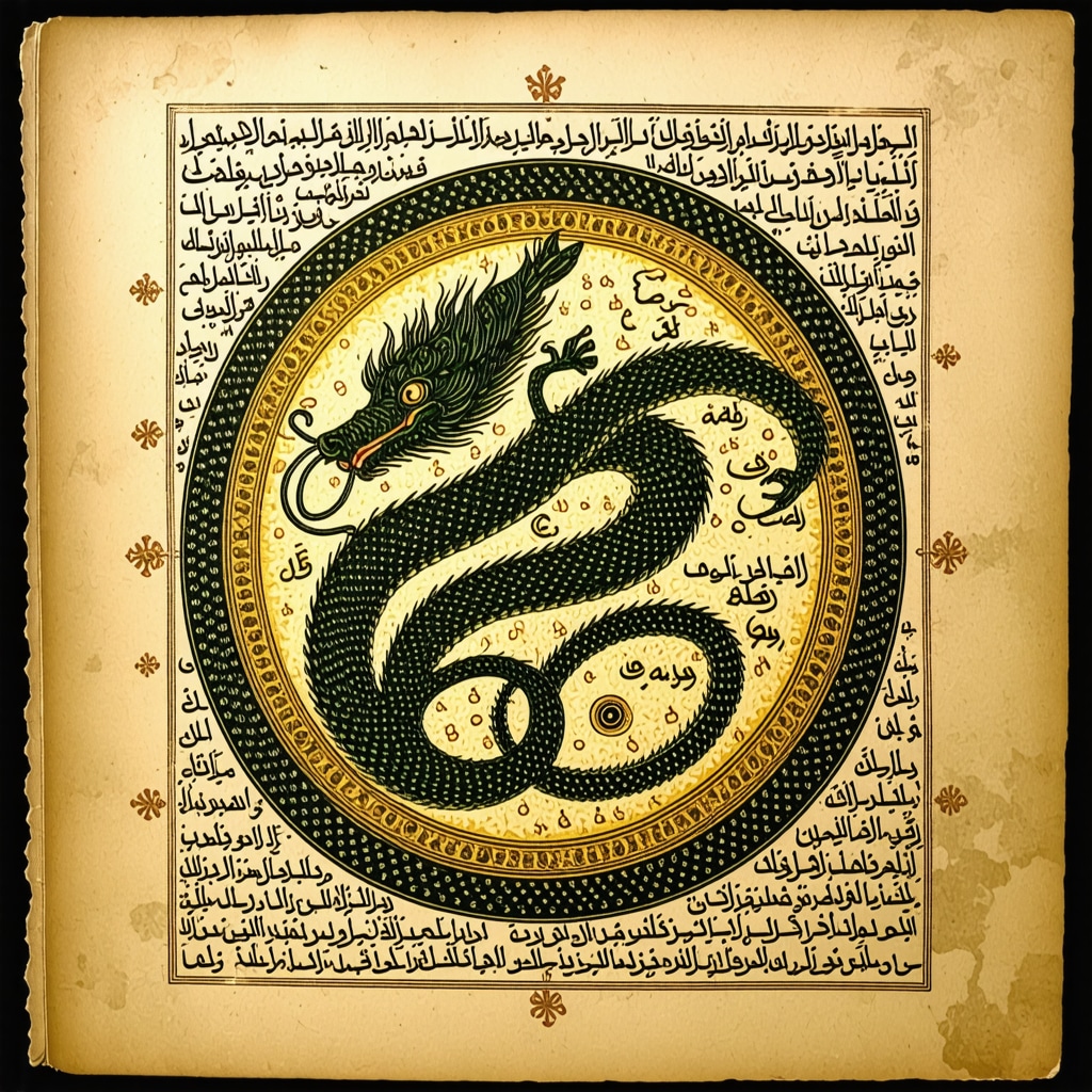 Ancient Islamic manuscript featuring a serpent intertwined with calligraphy symbolizing dream interpretation