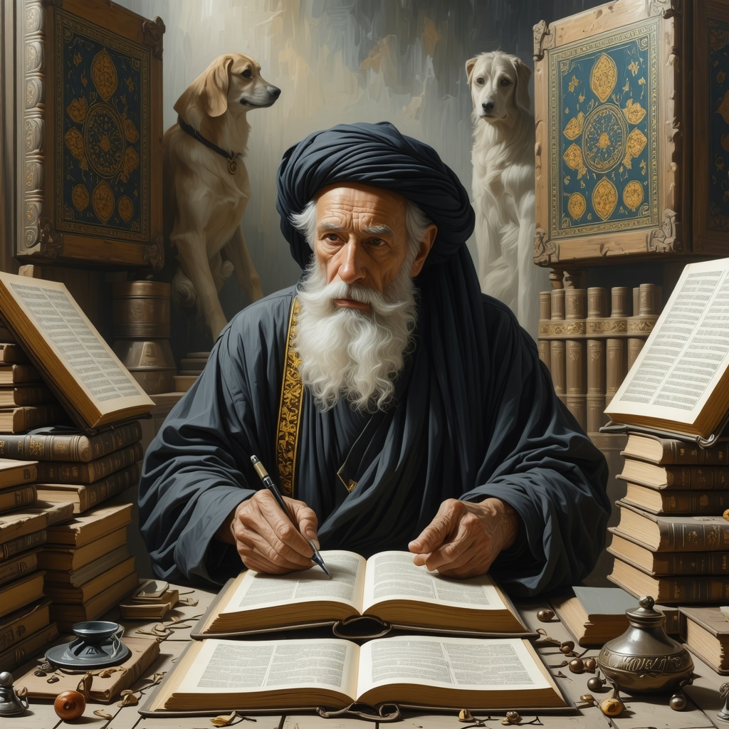 Islamic scholar analyzing dog symbol in dreams with classical manuscripts and modern psychological tools