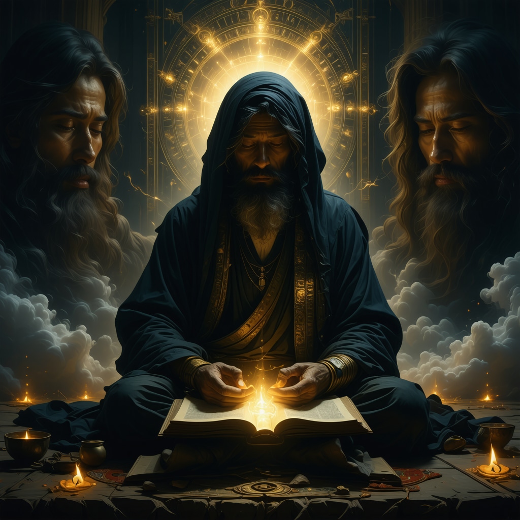 Islamic scholar meditating surrounded by dream symbols and ancient texts