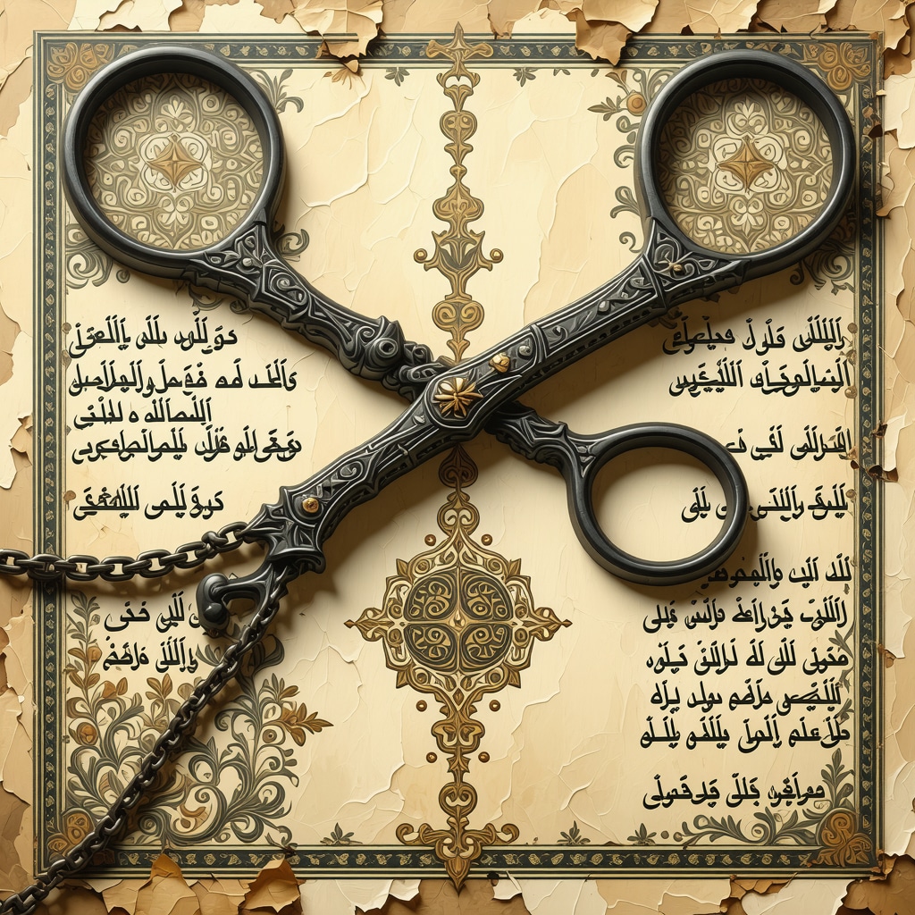 Ornate Islamic scissors cutting symbolic chains representing spiritual liberation