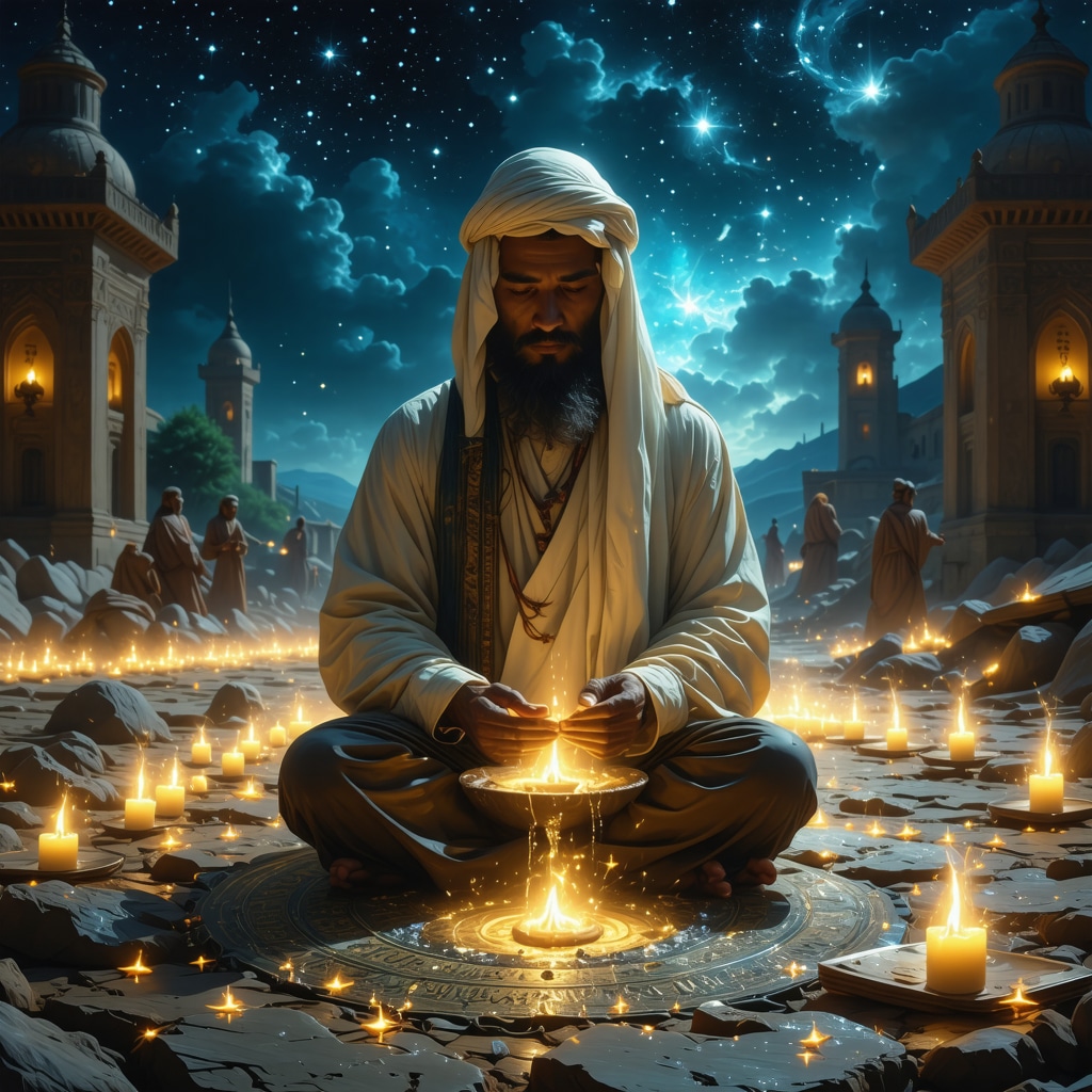 Illustration of a Muslim person performing ritual ablution at night with glowing Quranic verses symbolizing spiritual cleansing