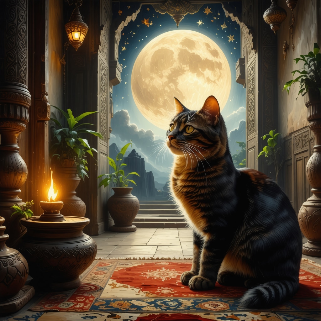 Mystical cat in Islamic home symbolizing spiritual and psychological insights from dreams