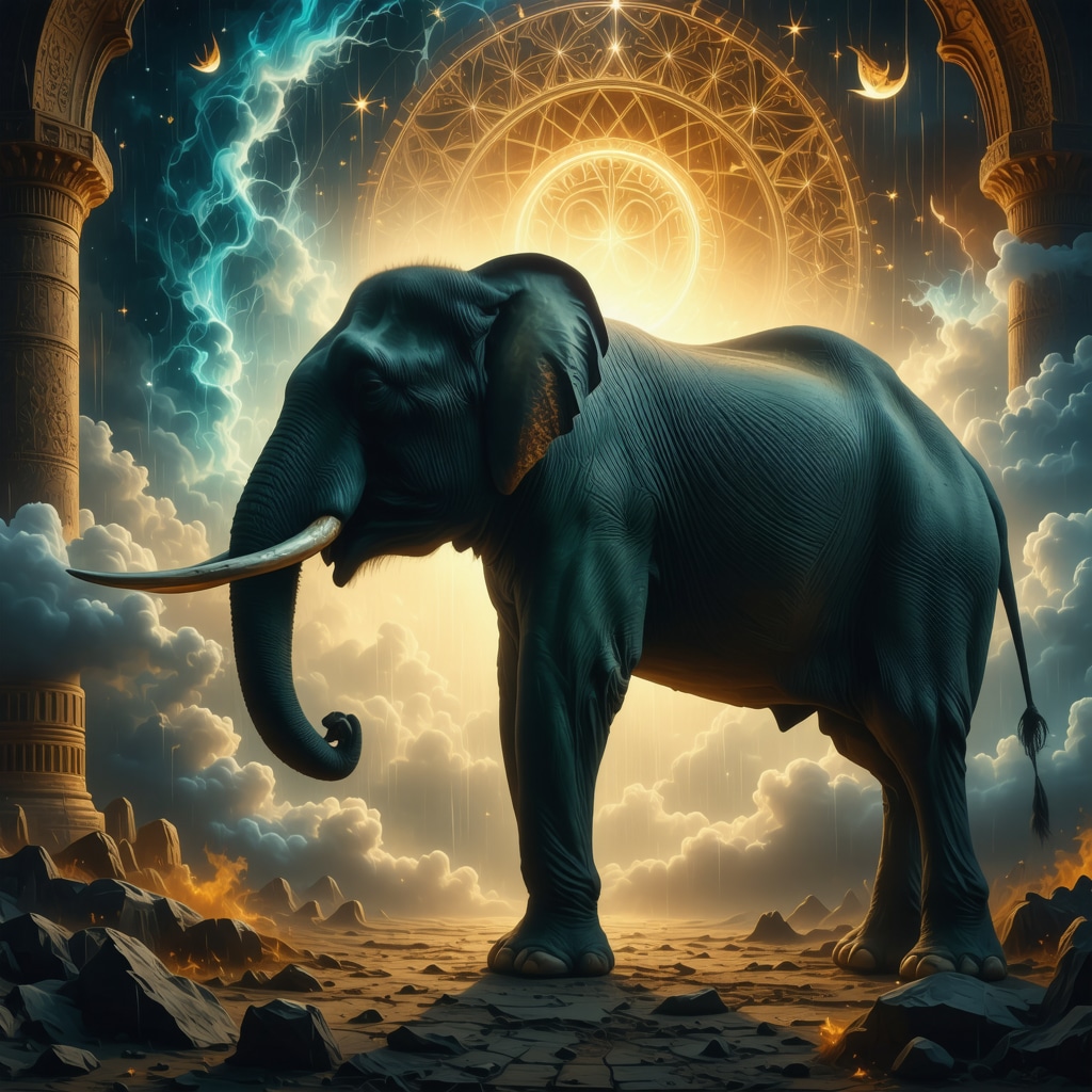 Surreal dreamscape with majestic elephant and Islamic patterns representing spiritual awakening