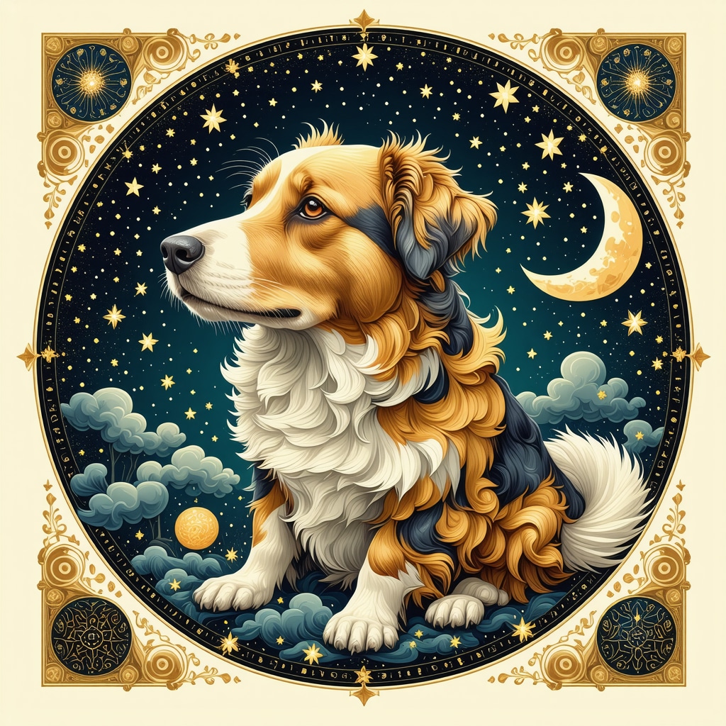 Illustration of a mystical dog surrounded by Islamic calligraphy and dream symbols representing spiritual and psychological dream interpretation in Islam