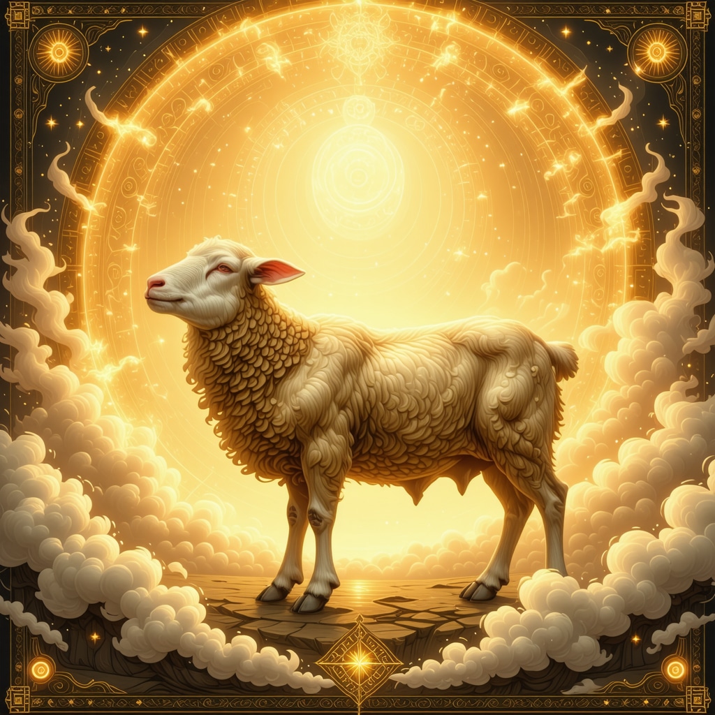 Illustration of a golden roasted lamb with spiritual flames symbolizing purification and transformation in an Islamic dream context