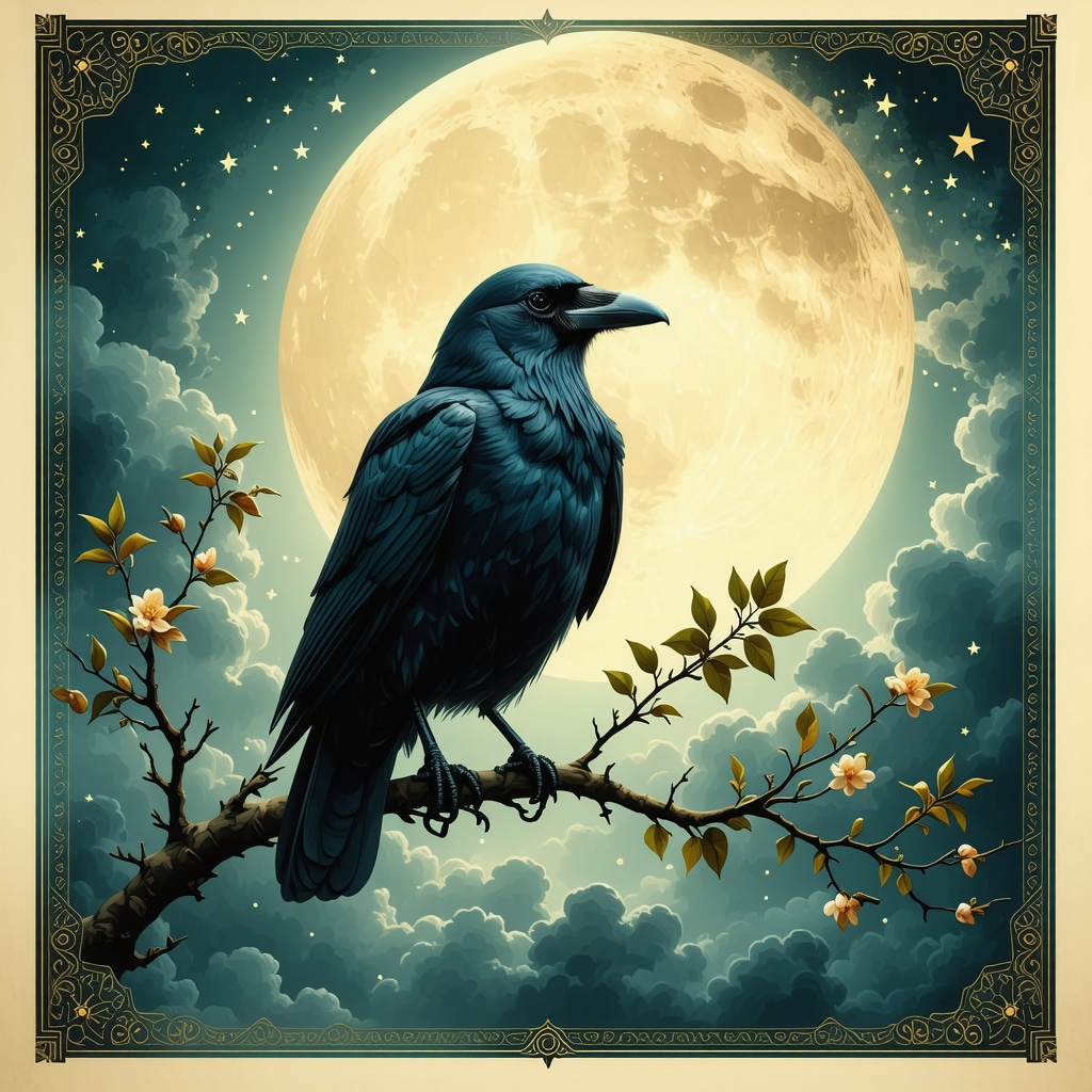 Black crow perched under a glowing night sky with Islamic spiritual symbols