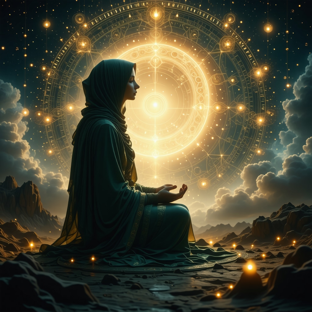 Illustration of a mother figure surrounded by Islamic geometric patterns and soft spiritual light representing dream symbolism