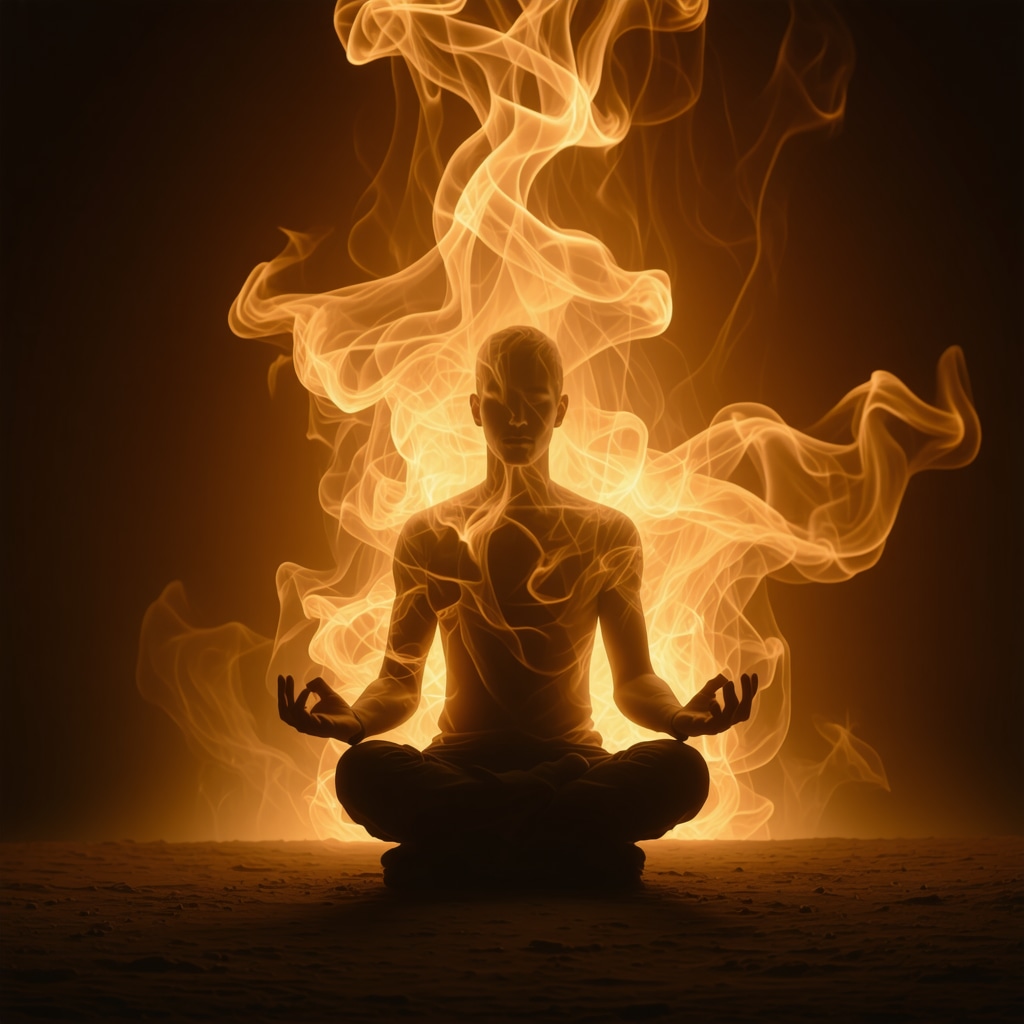 Person meditating with symbolic fire transforming into light representing inner spiritual cleansing in Islam