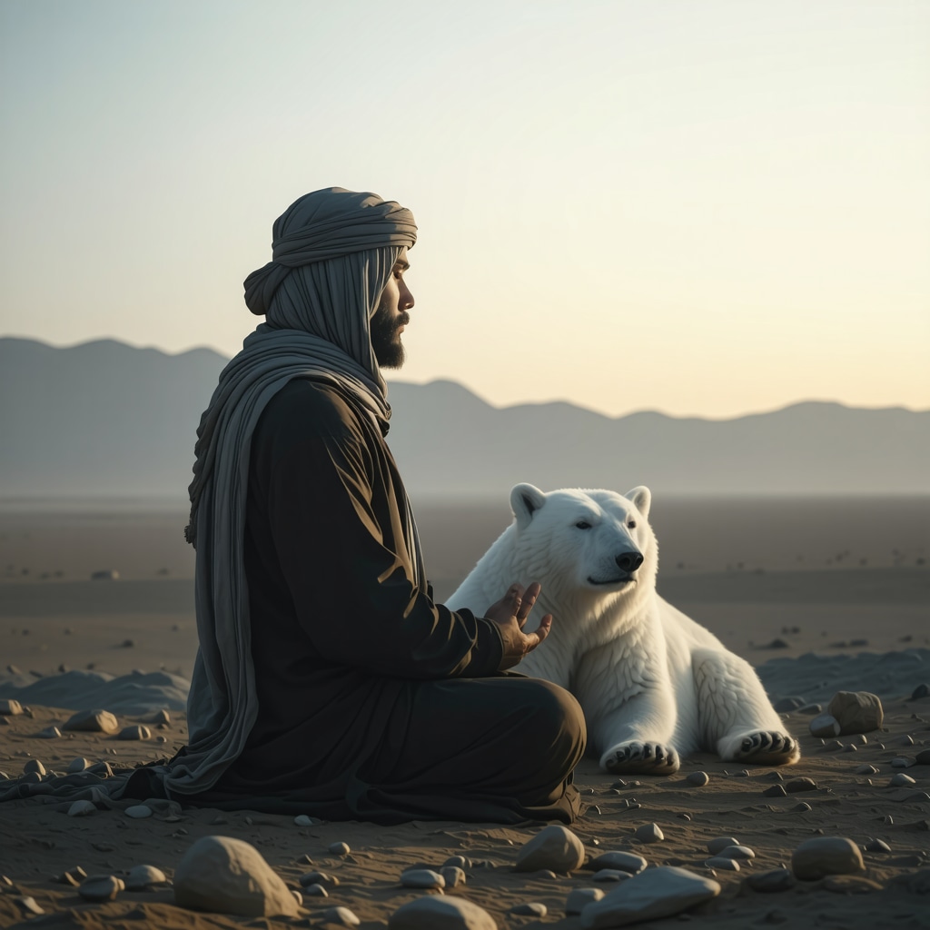 Meditating figure and white bear symbolizing spiritual transformation in an Islamic dream context