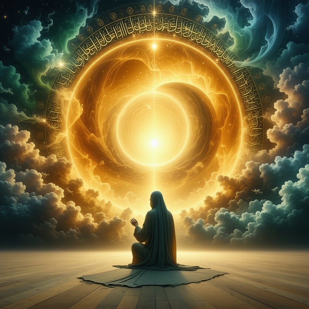 Abstract ethereal figure reflecting on purification and wealth symbolism in Islamic dream interpretation about feces