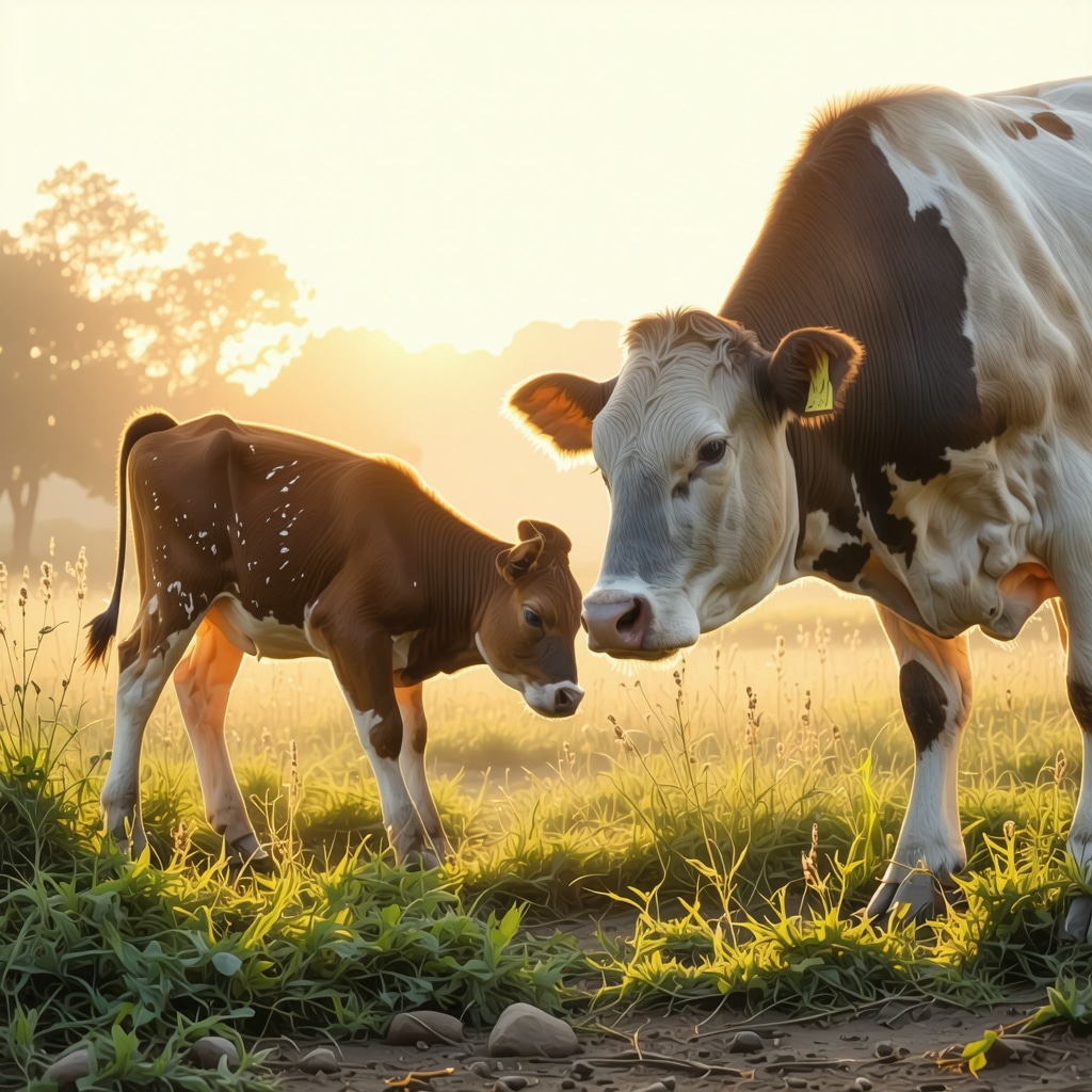 Calf grazing peacefully near cow at dawn, illustrating spiritual growth in Islamic dream symbolism