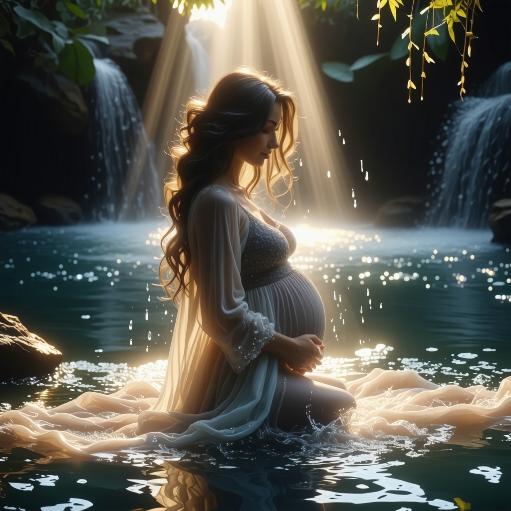 Glowing pregnant woman surrounded by light and water symbolizing spiritual awakening in Islamic dreams