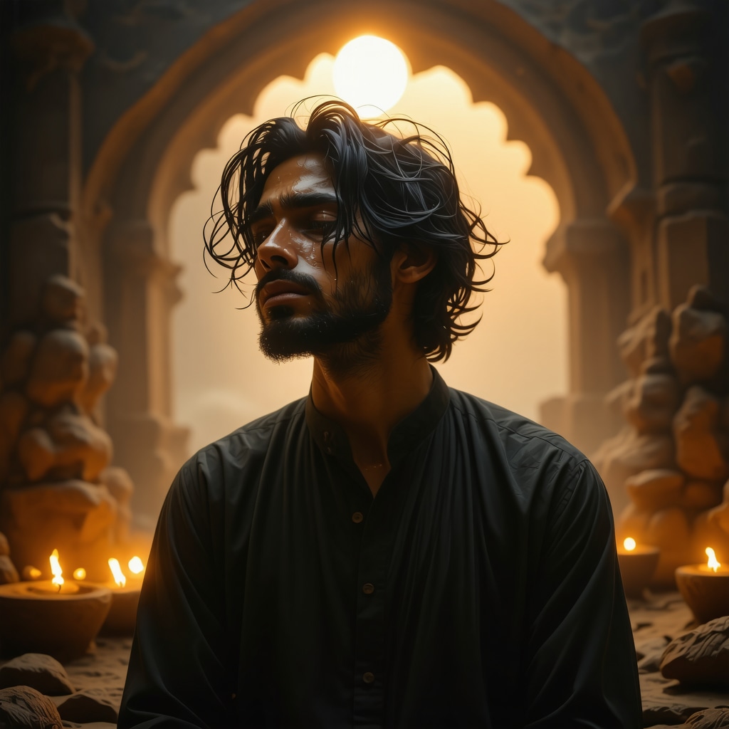Person contemplating with tears and Islamic spiritual symbols in a mystical dream setting