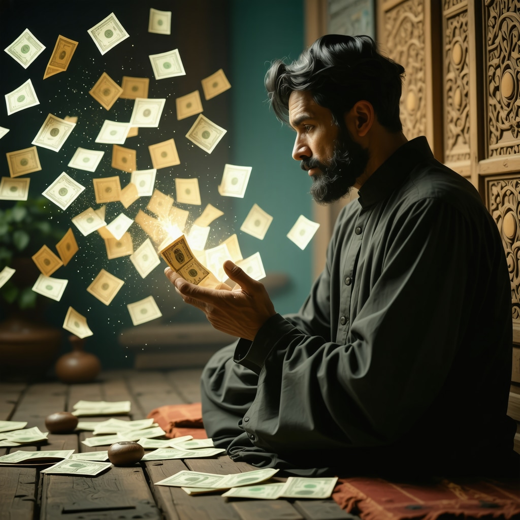 Believer contemplating symbolic paper money in dream within Islamic spiritual setting
