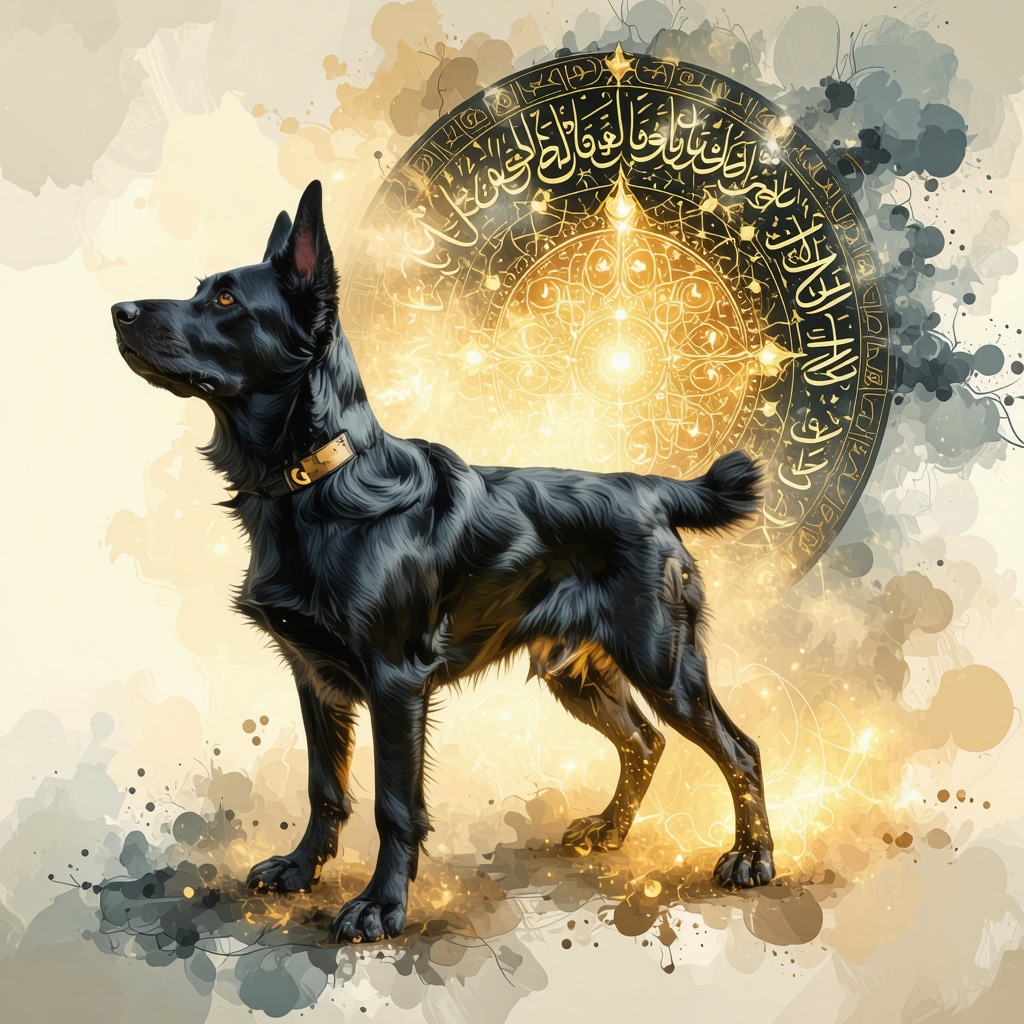 Illustration of a black dog intertwined with Islamic spiritual symbols and glowing Quranic calligraphy