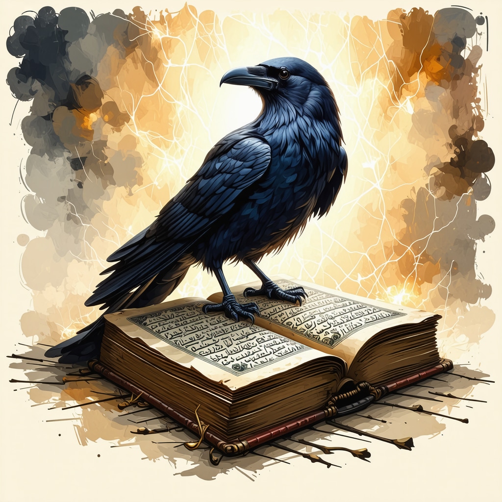 Black raven perched on an ancient book with glowing script, symbolizing subconscious transformation and Islamic mystical dream symbolism