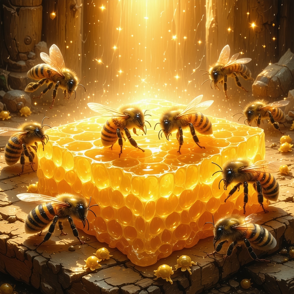 Illustration of honeybees and honeycomb glowing with spiritual light and Arabic calligraphy symbolizing divine wisdom