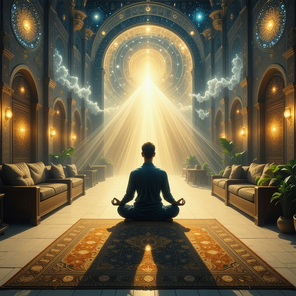 Artistic symbolic representation combining hospital and Islamic spiritual symbols with psychological healing imagery