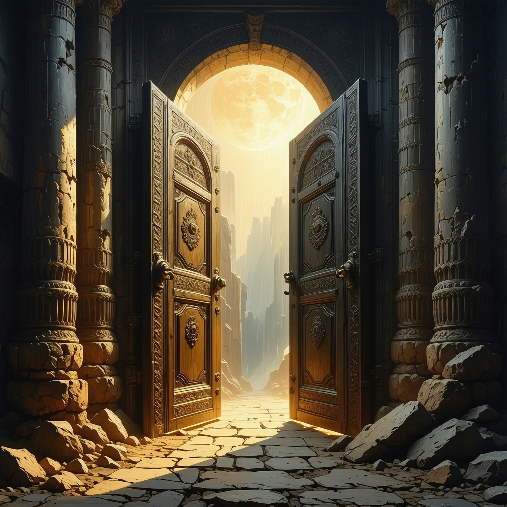Open Islamic door glowing with light symbolizing spiritual awakening and transition