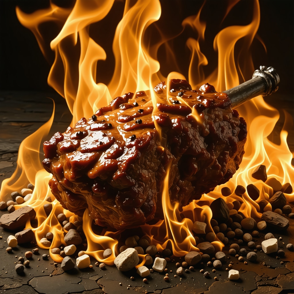 Artistic image of roasted meat glowing with mystical fire symbolizing inner purification
