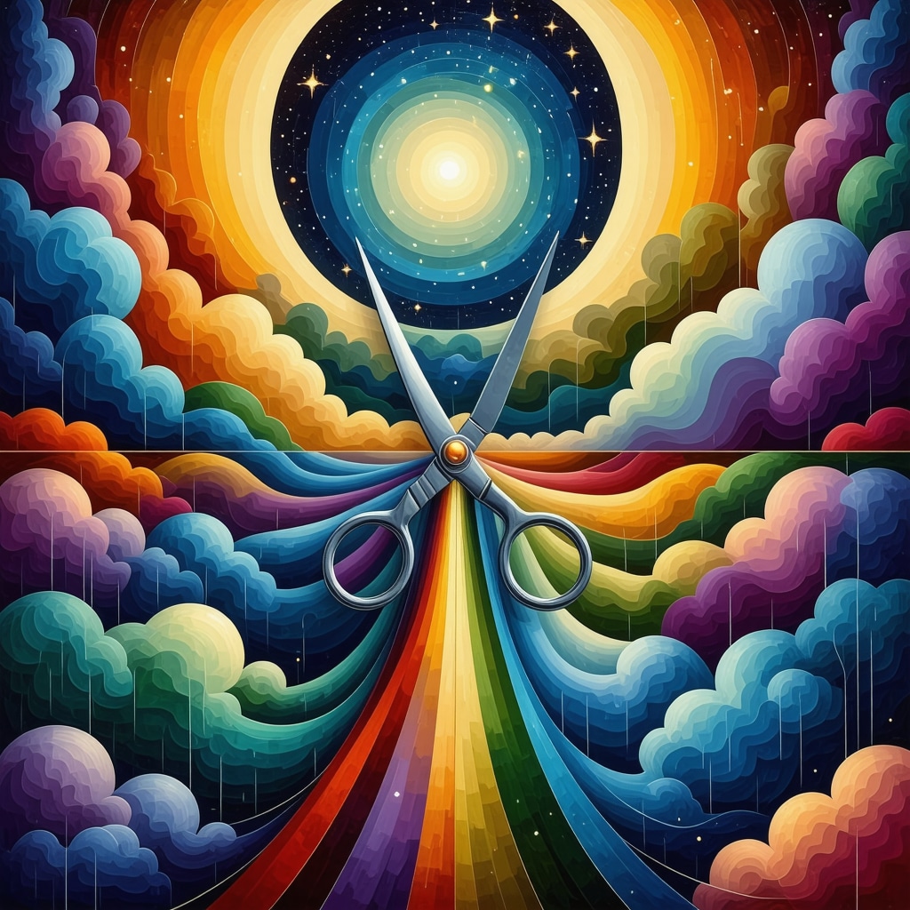 Artistic depiction of scissors cutting a thread symbolizing spiritual and psychological transformation in Islamic art style