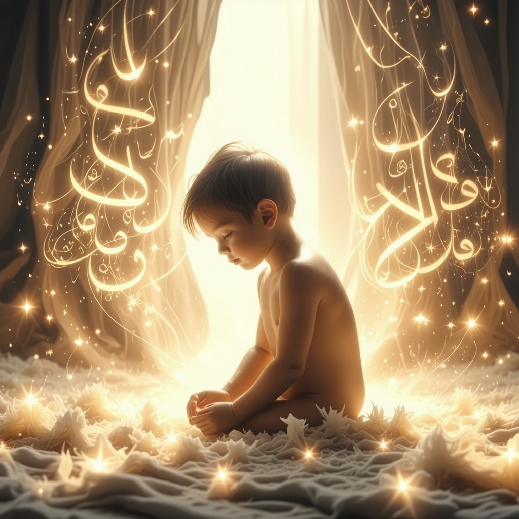 Symbolic illustration of a naked child in Islamic spiritual dream context with glowing light and Arabic calligraphy
