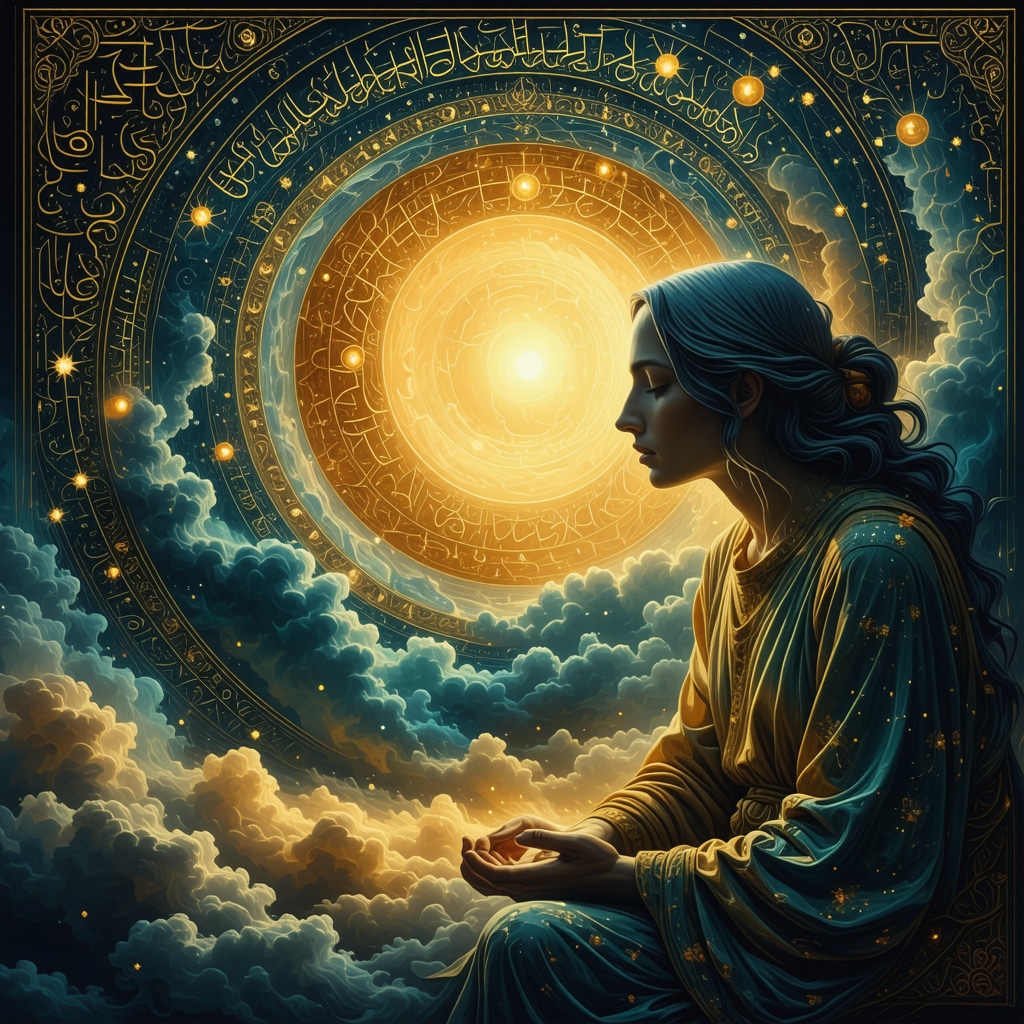 Abstract image combining Islamic calligraphy and a mother figure symbolizing dream interpretation