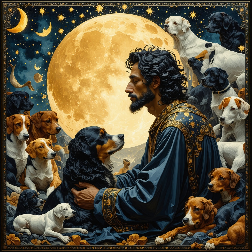 Illustration of a person dreaming with symbolic dogs representing spiritual and psychological meanings in Islamic dream interpretation