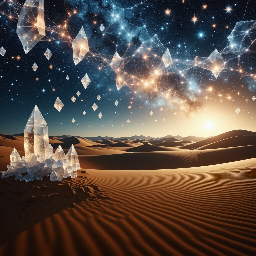 Surreal dreamscape with sugar crystals, Islamic geometric patterns, and neural network motifs symbolizing spiritual and scientific perspectives on dreams