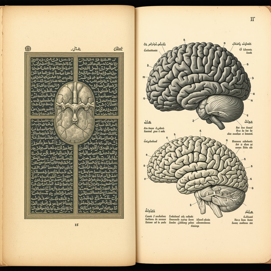 Illustration showing ancient Islamic manuscript and modern brain scan representing combined dream analysis