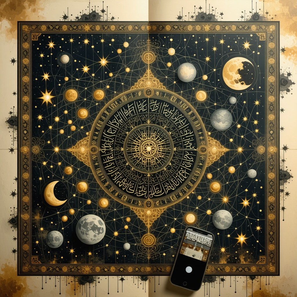 Digital montage showing Quranic calligraphy intertwined with AI neural network and smartphone dream journal apps