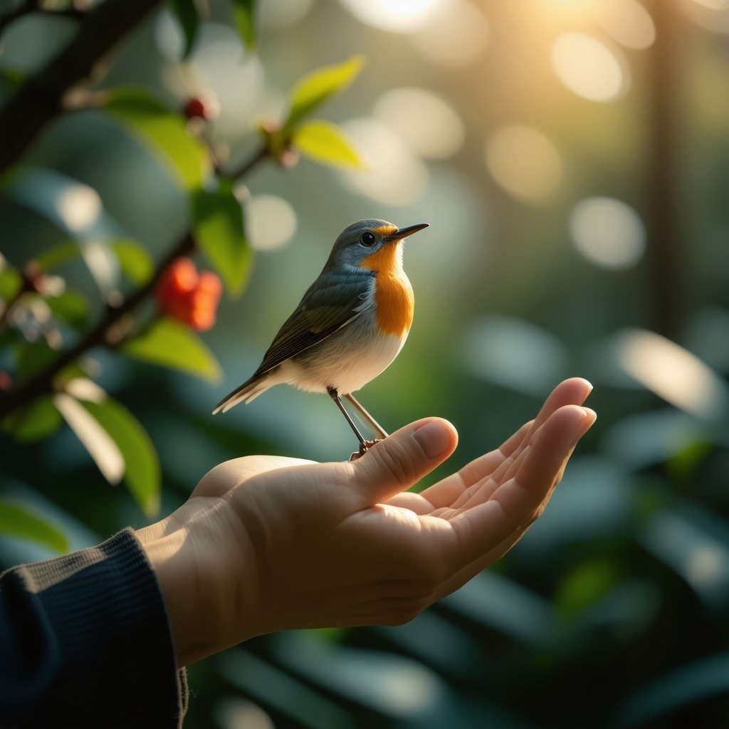 Hand gently holding a small colorful bird symbolizing spiritual and personal freedom