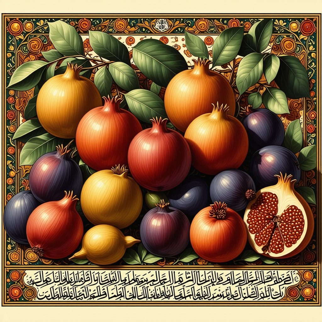 Detailed Islamic artwork showing fruits and calligraphy symbolizing spiritual meanings in dreams
