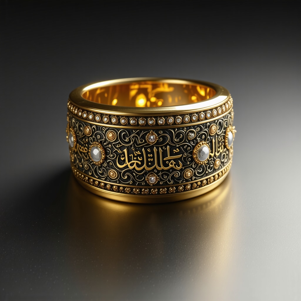 Close-up of a golden ring with Islamic calligraphy and gemstones symbolizing spiritual and worldly meanings in dreams