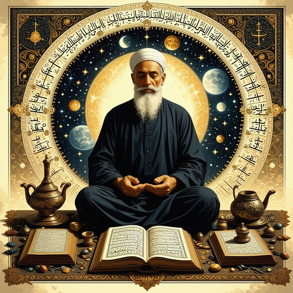 Muslim scholar in meditation surrounded by Quran and Islamic calligraphy illustrating spiritual dream interpretation