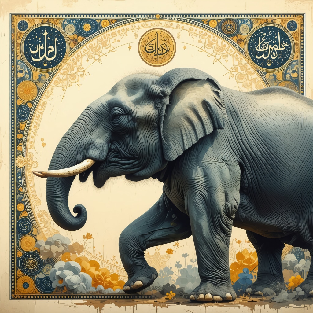 Illustration of a majestic elephant with Islamic calligraphy representing spiritual strength and wisdom