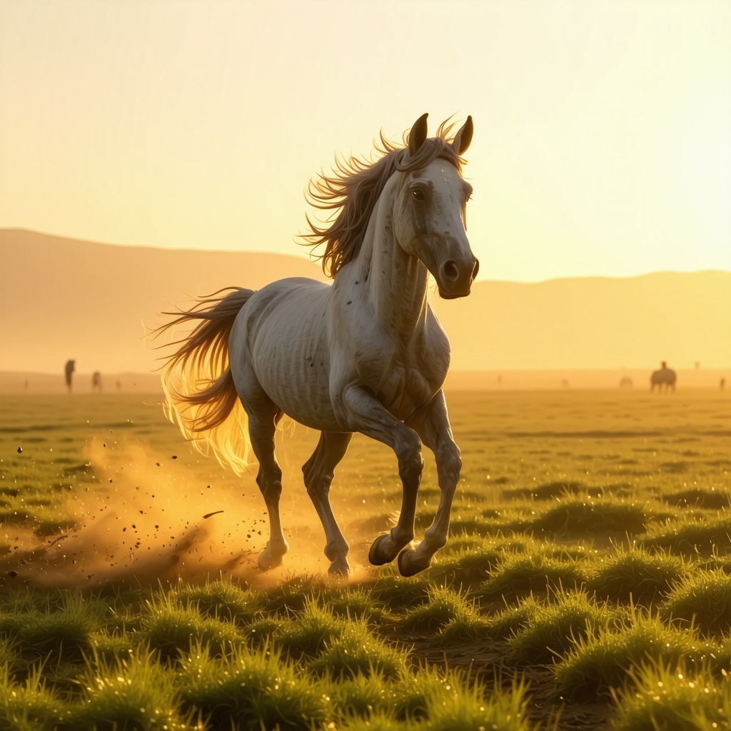 A majestic horse running freely in an open field under a golden sunset representing spiritual freedom