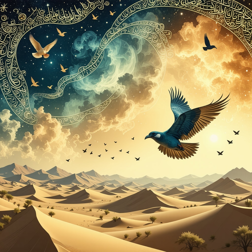 Illustration of diverse birds flying over a desert with Islamic calligraphy, symbolizing spiritual dream messages