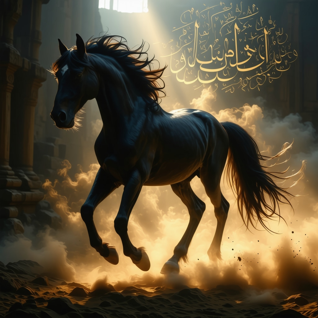 Dreamlike image of a black horse glowing with ethereal light and Arabic calligraphy representing spiritual transformation