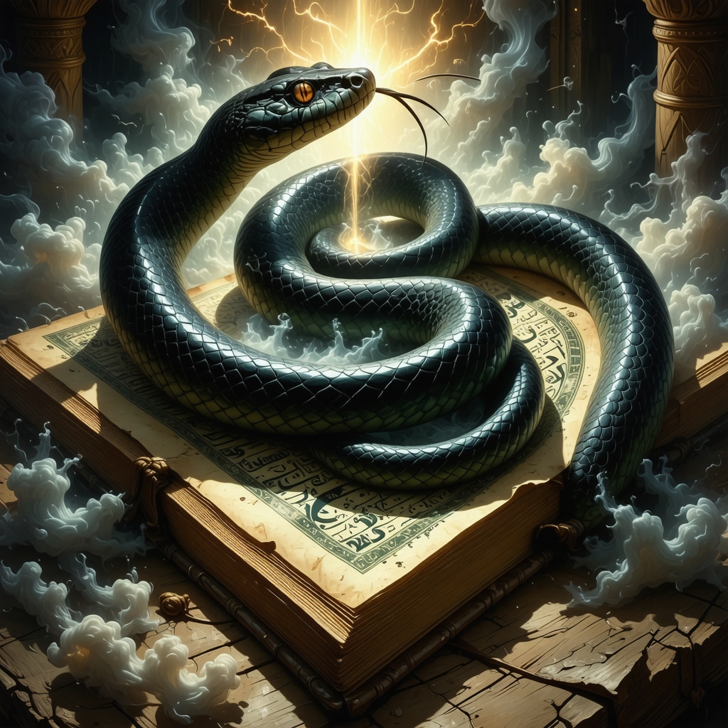 Black snake coiled around ancient Islamic manuscript glowing with ethereal light, symbolizing spiritual transformation