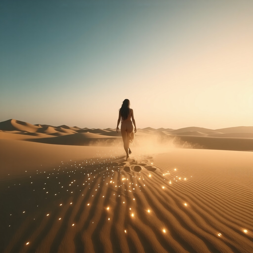Gentle warm wind blowing over desert sand with glowing particles under twilight sky representing spiritual transformation