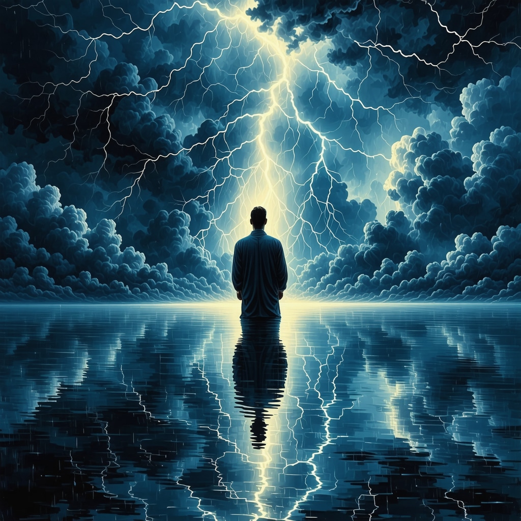 Illustration of a person meditating under a thunderstorm symbolizing spiritual transformation and divine insight