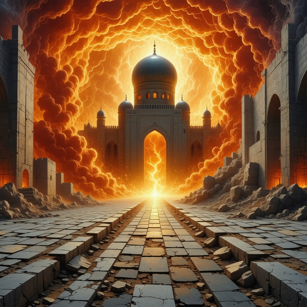 Artistic depiction of earthquake shaking a mosque's foundation, symbolizing spiritual awakening and calm after turmoil