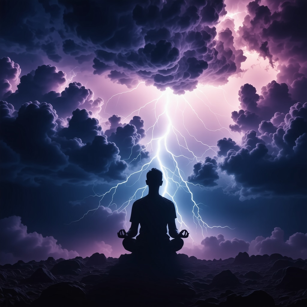A night sky with lightning and clouds illuminating a meditating figure symbolizing spiritual transformation