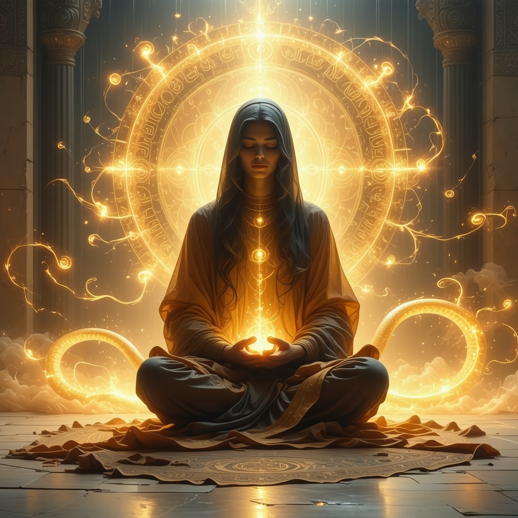 Illustration of a meditating person with a transparent snake symbolizing spiritual awakening and Quranic verses in the background