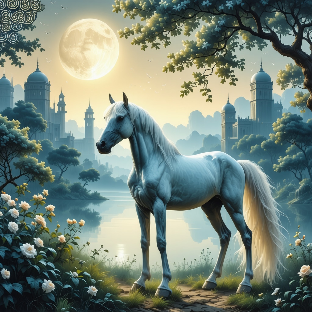 Majestic horse in a serene Islamic garden with crescent moons and Arabic calligraphy symbolizing spiritual dream interpretation