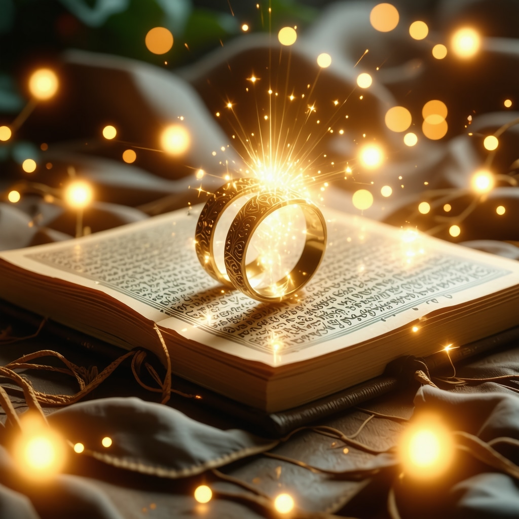 Golden ring glowing with spiritual light above an open Quran with Arabic calligraphy