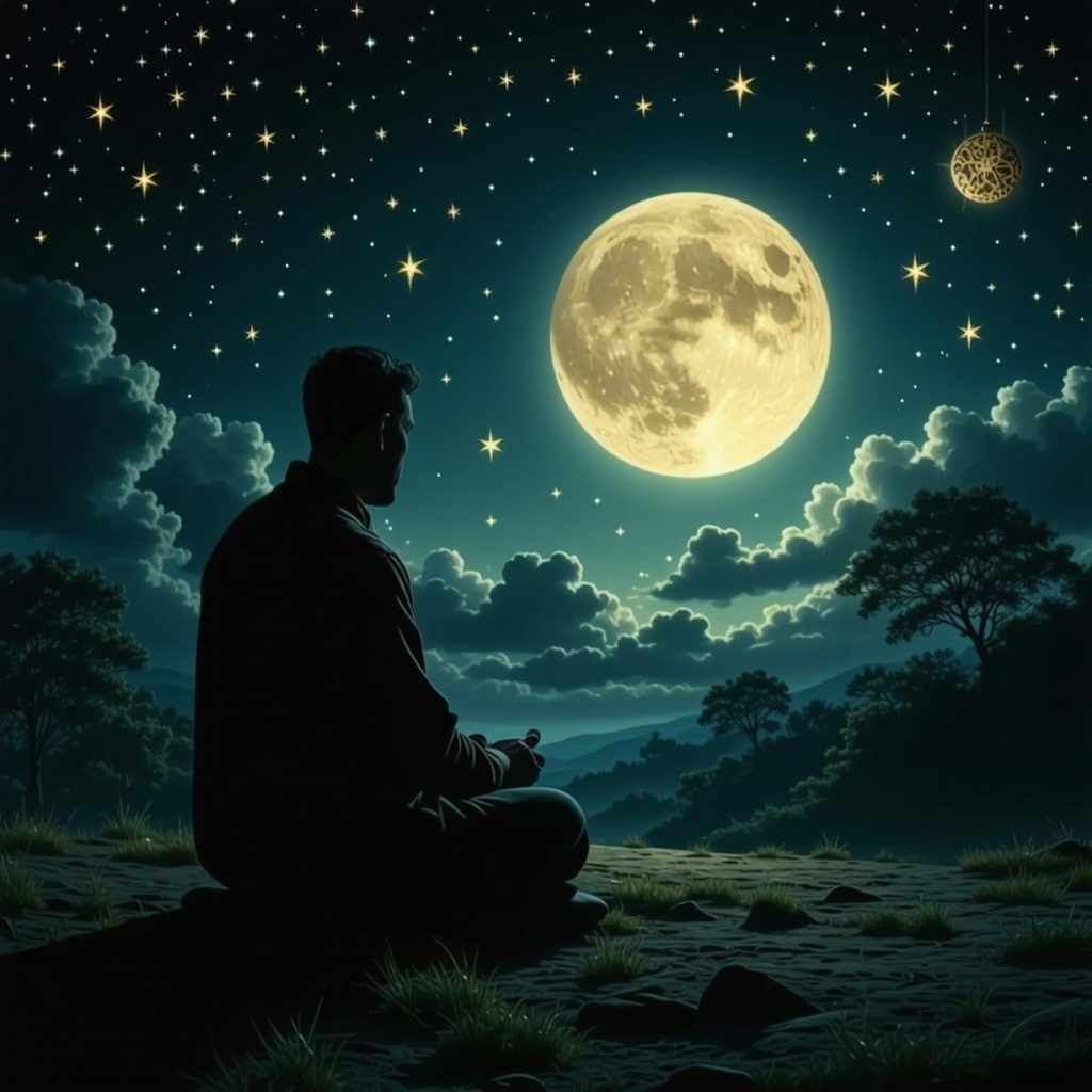 Person reflecting peacefully after a dream about difficult contact, with Islamic spiritual symbols in background